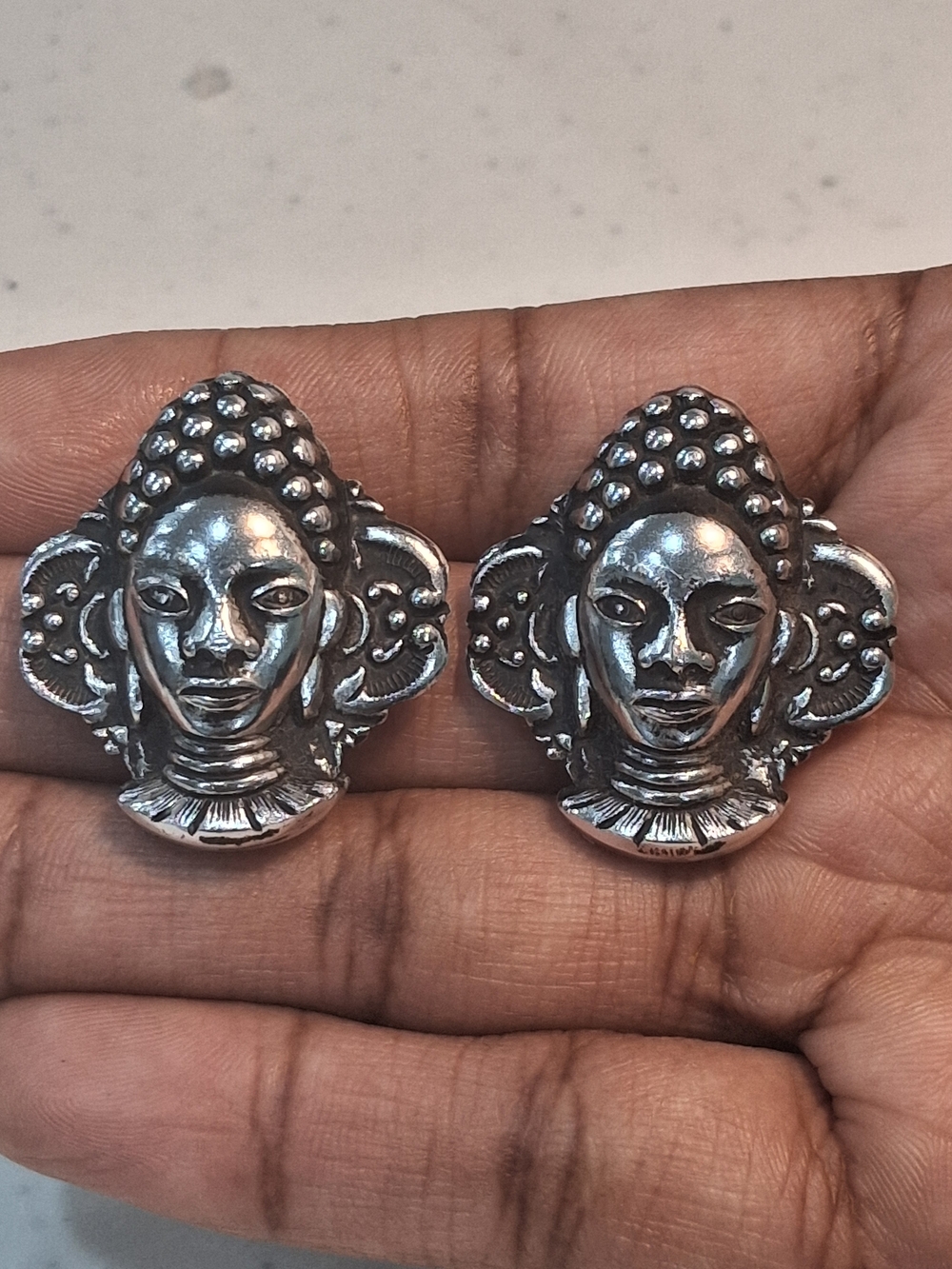 Vtg. 1950s West Germany Silver Tone  Tribal Face Clip On Earrings.